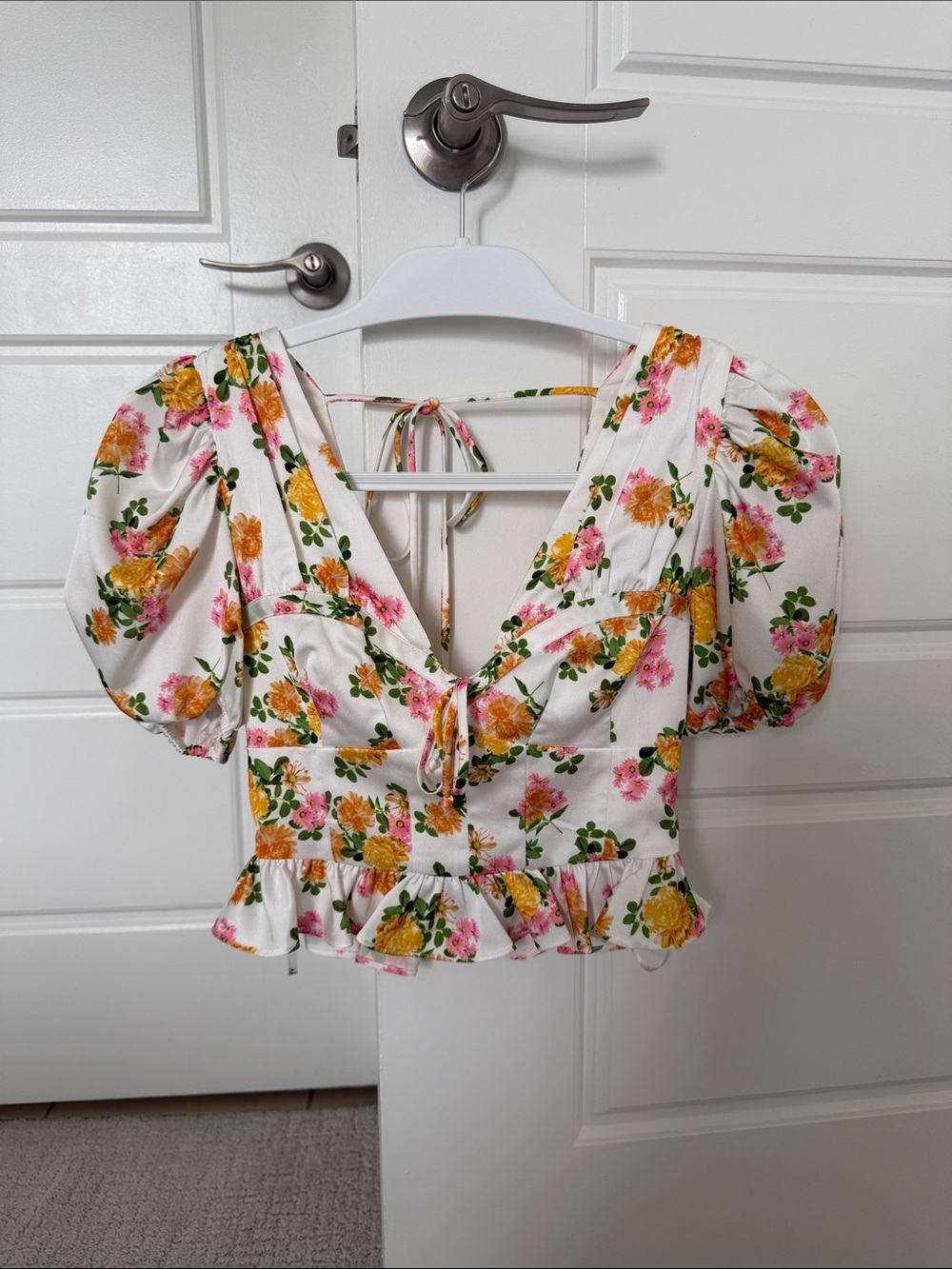 For Love & Lemons White Floral Puff-Sleeve Tie-Front Crop Top